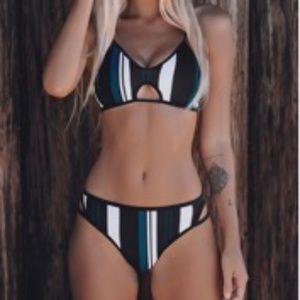 Blue White Black Striped Swimsuit
